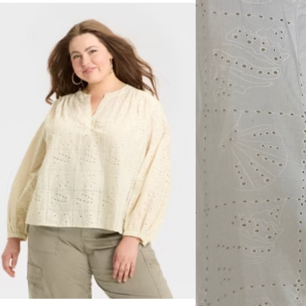 NWT Universal Thread Long Sleeve Boho Popover Blouse Size 2X Beige Shell Eyelet